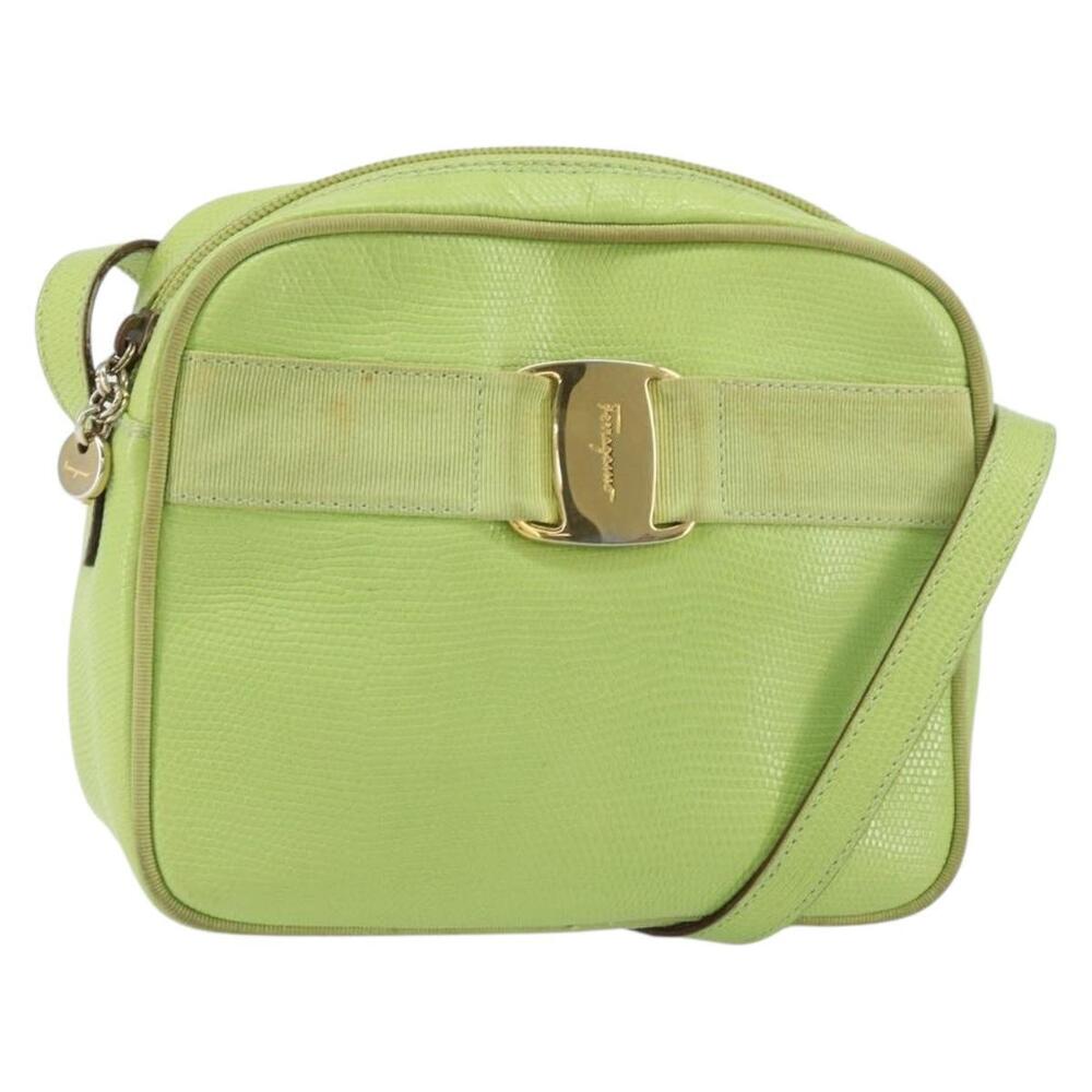 Salvatore Ferragamo Vala Shoulder Bag Leather Embossed Green Gold Auth BA8918